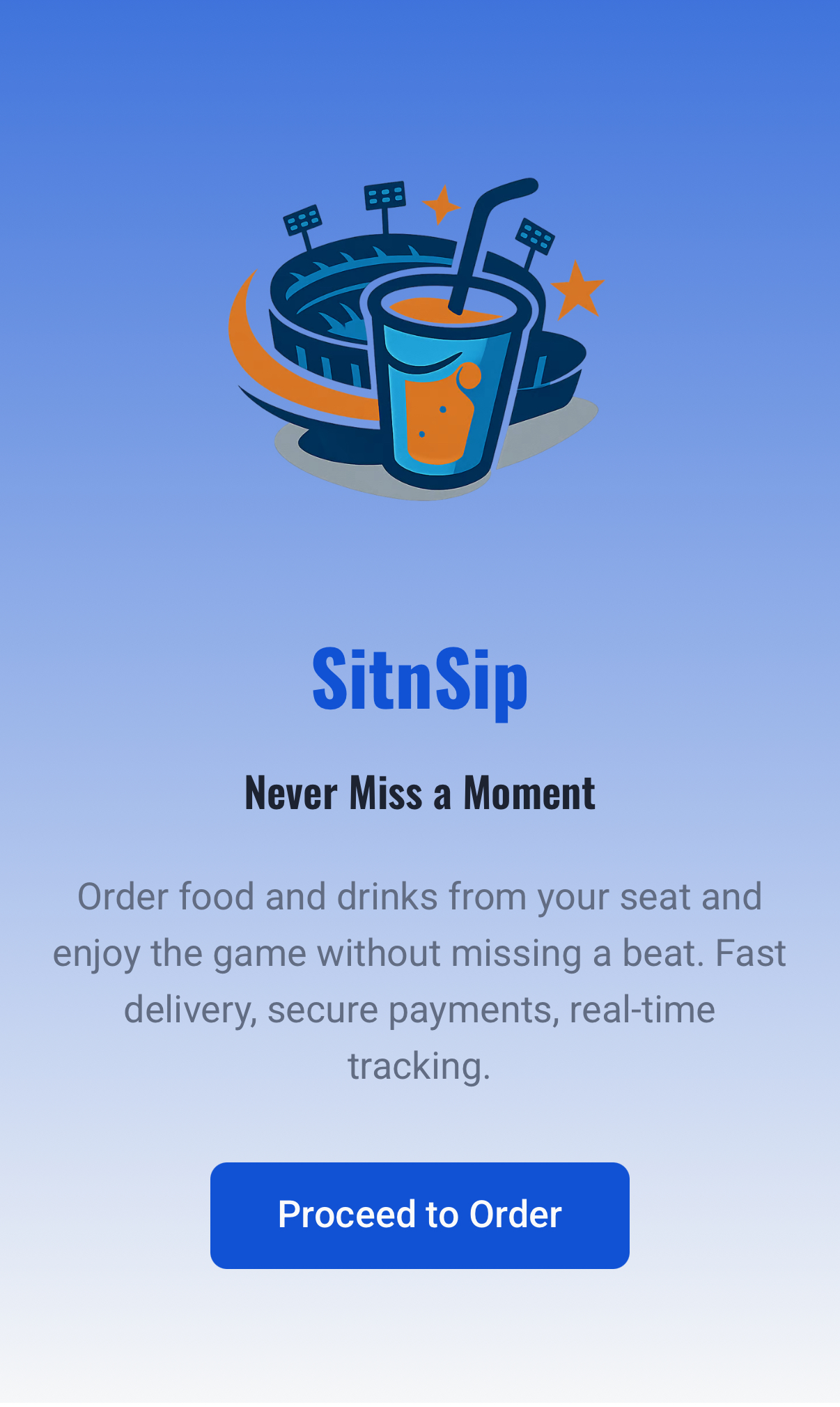App SitnSip lato partecipante: schermata di benvenuto con il pulsante per iniziare a ordinare
