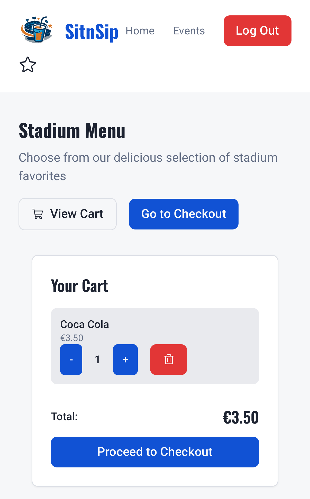 App SitnSip lato partecipante: menu dello stadio con il carrello e il pulsante per il checkout