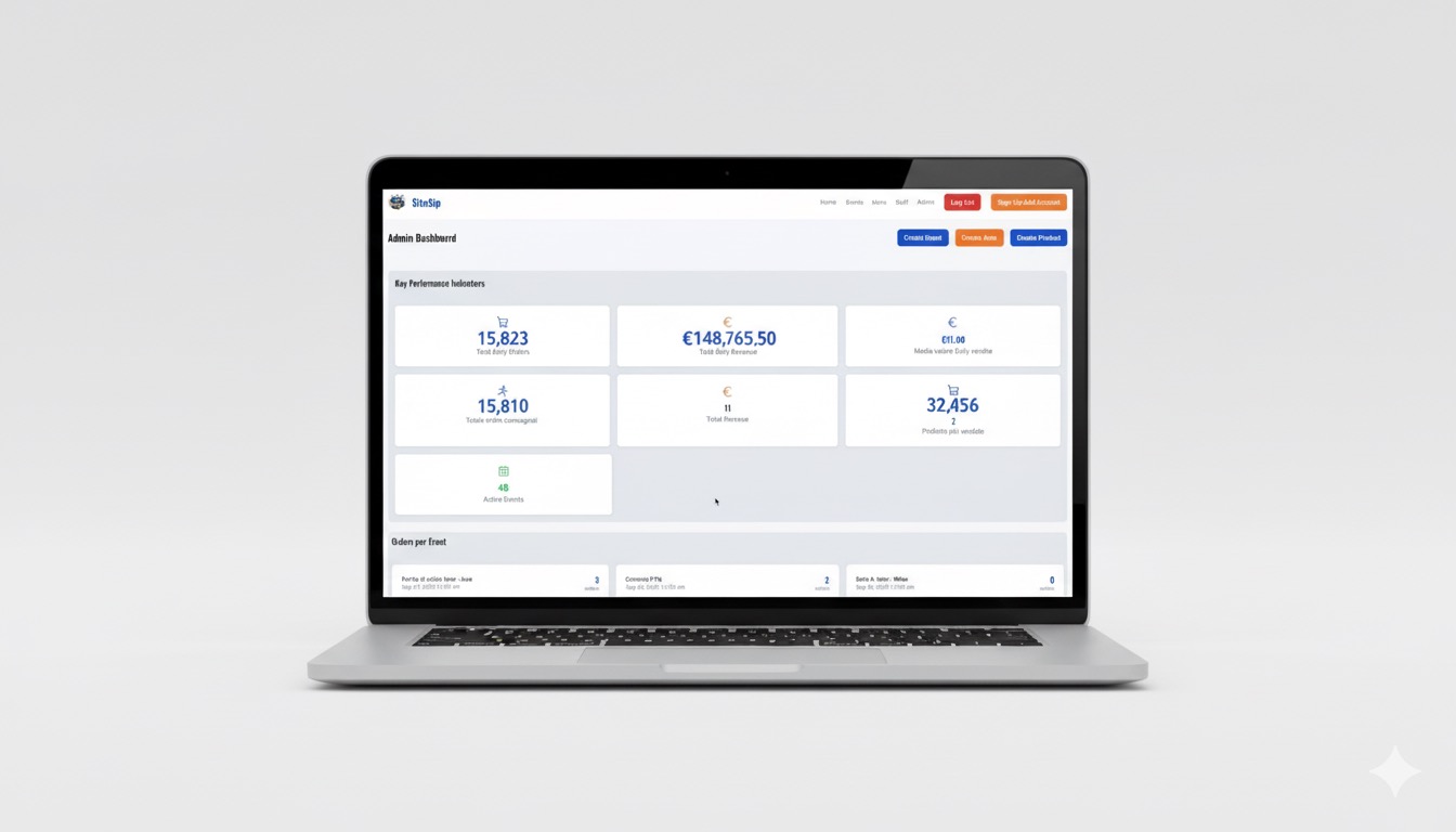 Dashboard amministratore di SitnSip su laptop con gli indicatori principali dell’evento