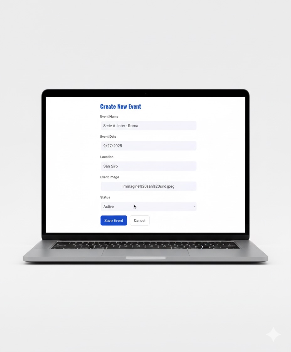 Creazione di un nuovo evento in SitnSip su laptop: nome, data, location, immagine e stato